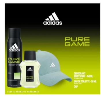 Adidas Pure Game Zestaw Prezentowy Woda Toaletowa 50 ml + Dezodorant 150 ml + Czapka