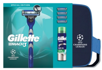 Gillette Zestaw kosmetyków dla mężczyzn Maszynka do golenia Gillette Mach3 +4 wymienne wkłady+Żel do golenia +Stylowa kosmetyczka