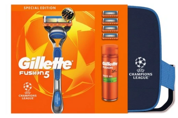 Gillette zestaw kosmetyków dla mężczyzn Maszynka do golenia Gillette Fusion5+4 wymienne wkłady+Żel do golenia +Stylowa kosmetyczka